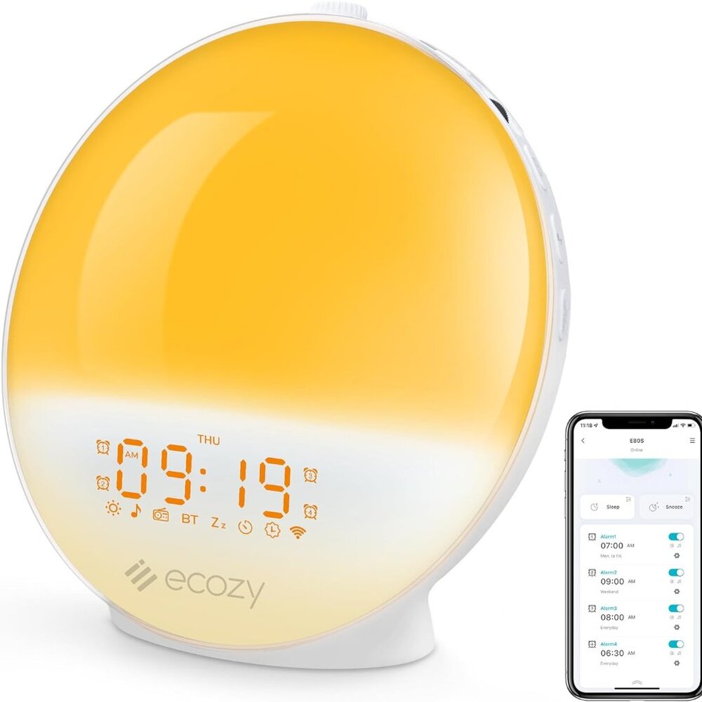 ecozy Sunrise Alarm Clock Smart Wake Up Light w/ Sunrise/Sunset, Sounds, & FM
